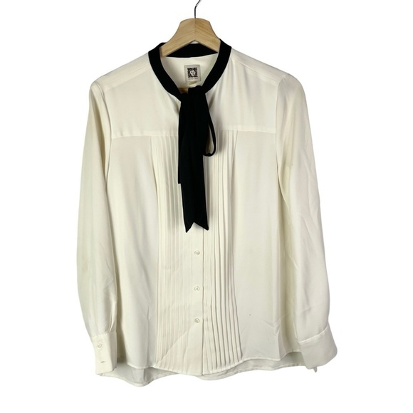 Anne Klein Cream Pleated Black Tie Neck Long Sleeve Button Down 4 - Picture 2 of 6